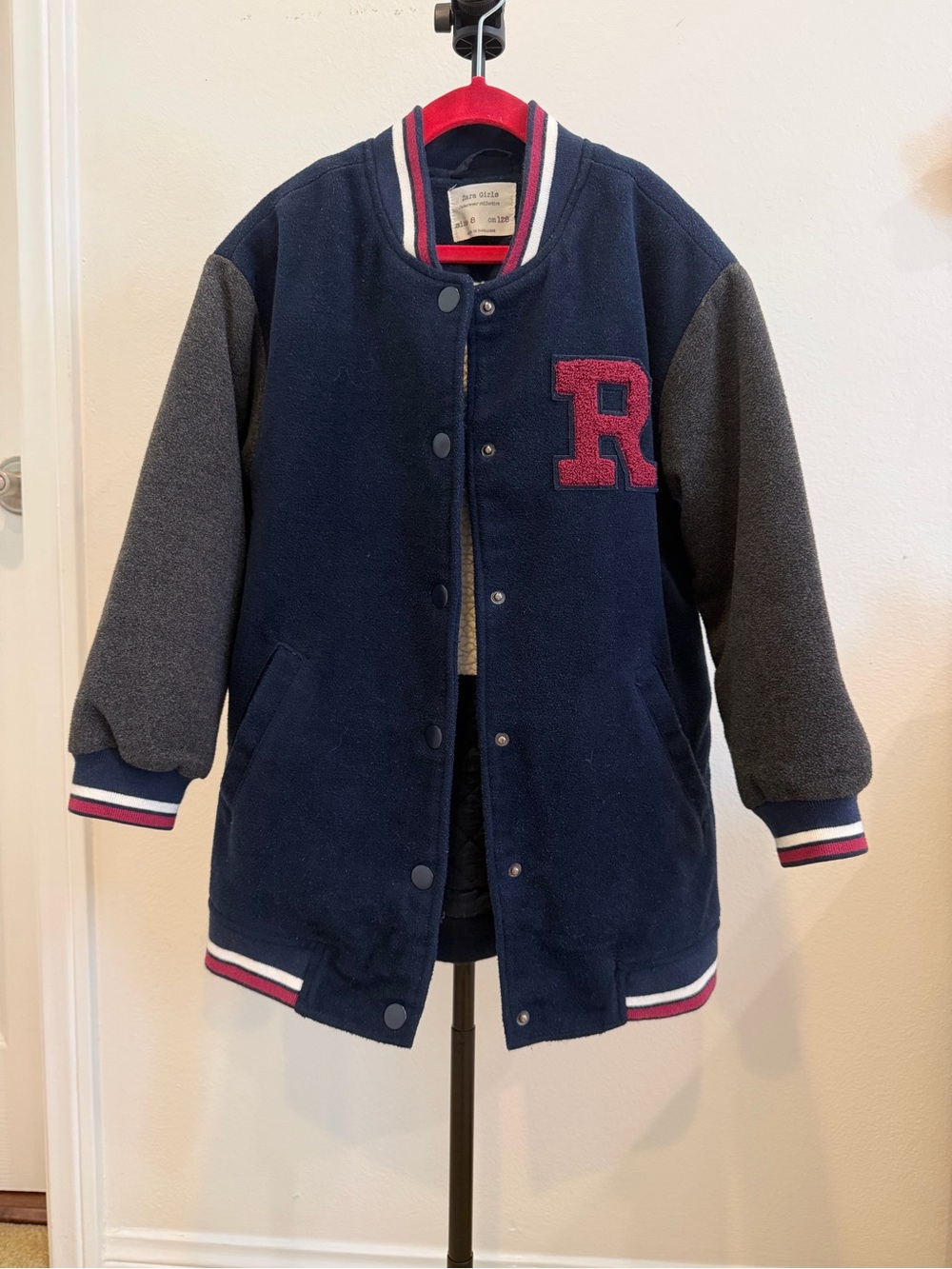 Zara Girls Navy & Charcoal Varsity Jacket with Red 'R' Patch